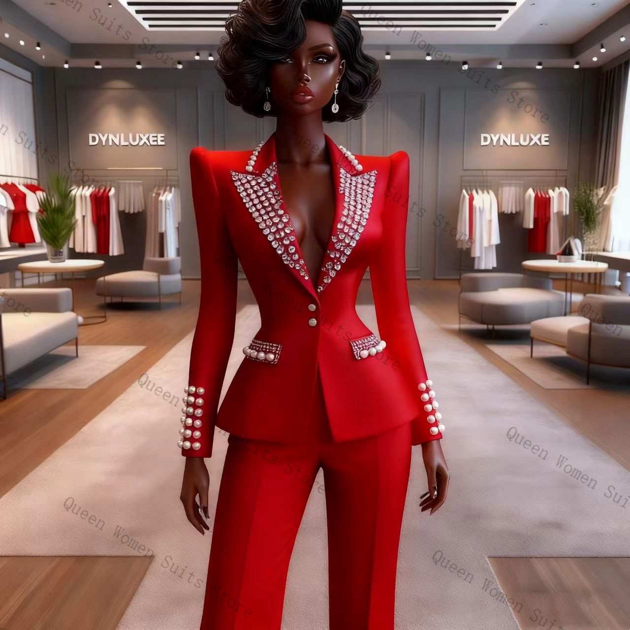 Women Formal Wear Coat - Pearls Red Women Suit Pants Set