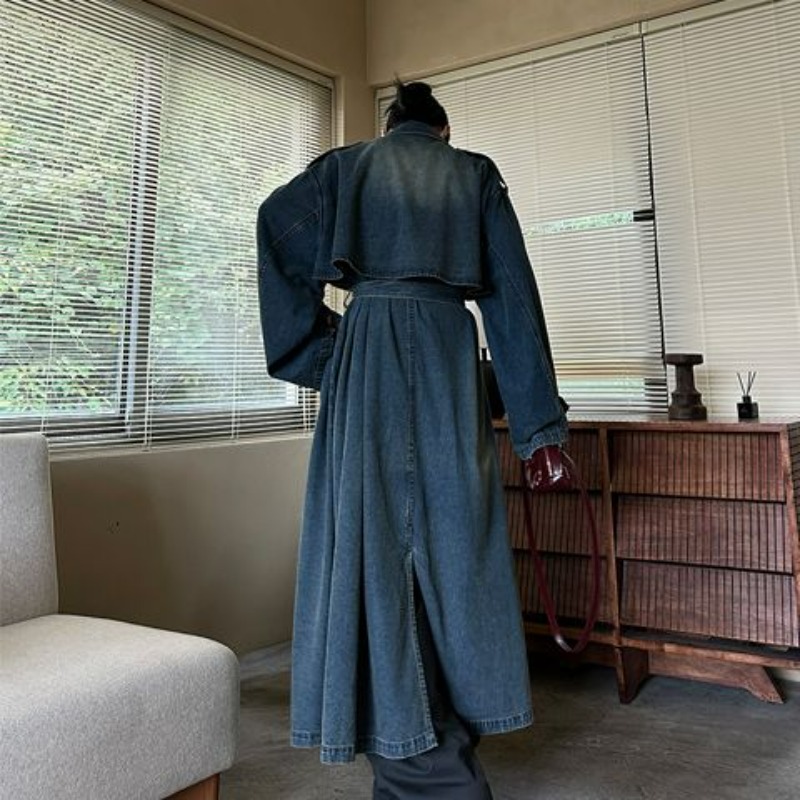 French Retro Washed Denim Tren - đánh giá và giá Trench Coat Formal