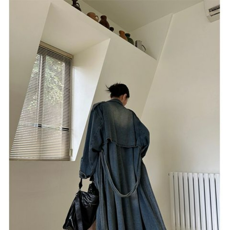 French Retro Washed Denim Tren - đánh giá và giá Trench Coat Formal