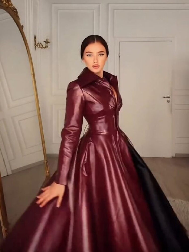 Women Wine Red Faux Leather Lo - đánh giá và giá Women Formal Wear Coat