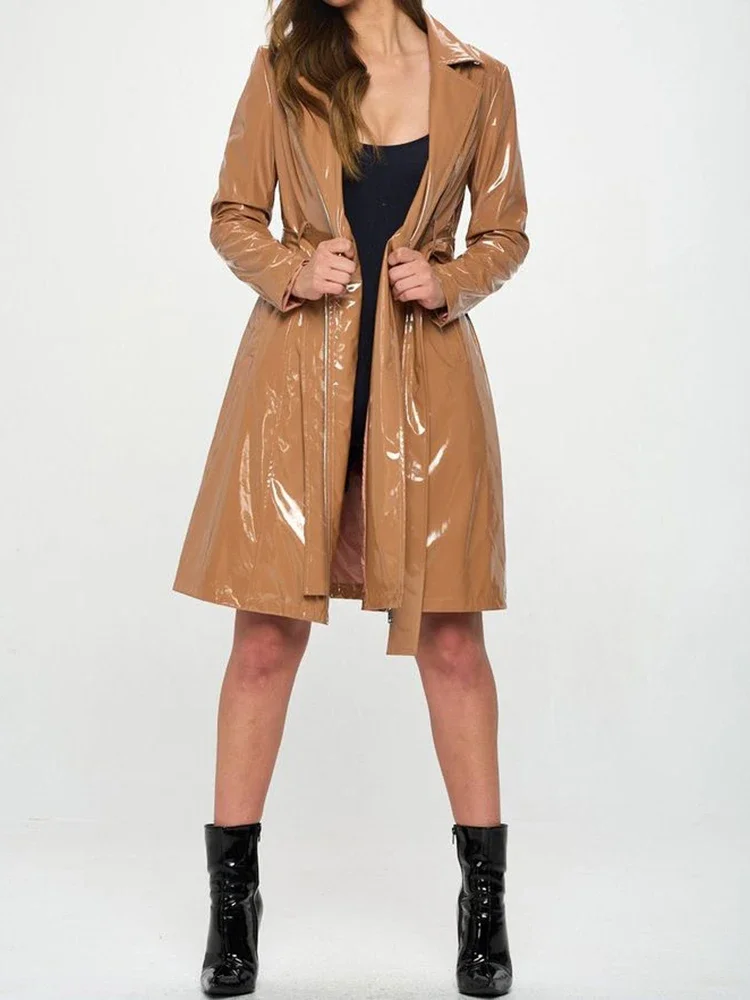 Women Shiny Faux Leather Tie U - đánh giá và giá Trench Coat Formal