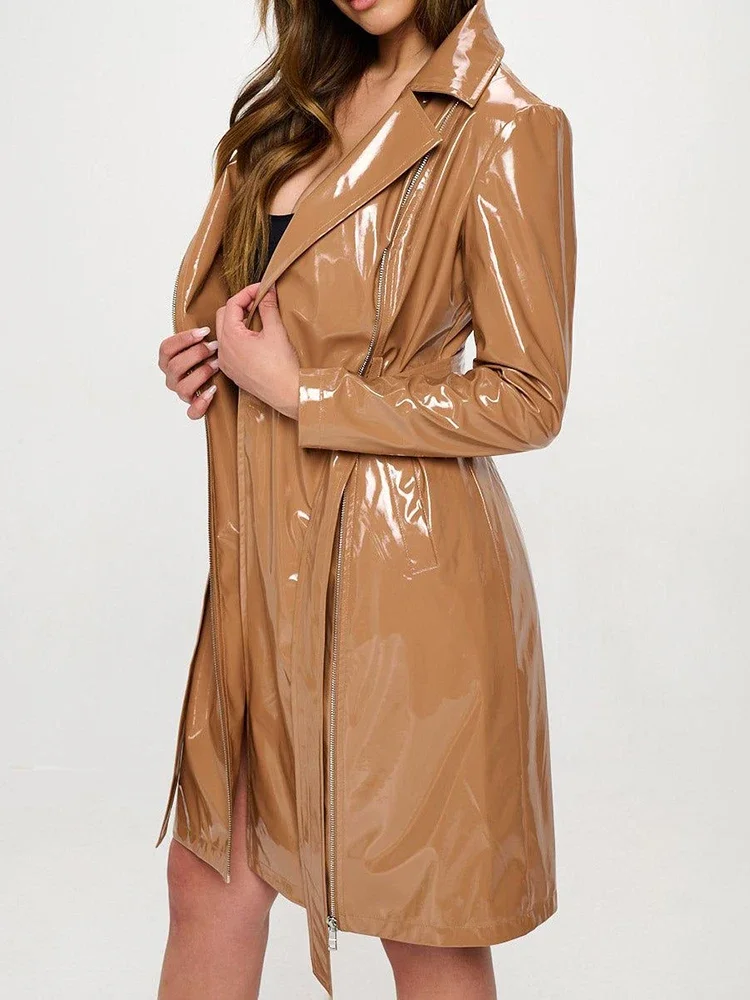 Women Shiny Faux Leather Tie U - đánh giá và giá Trench Coat Formal